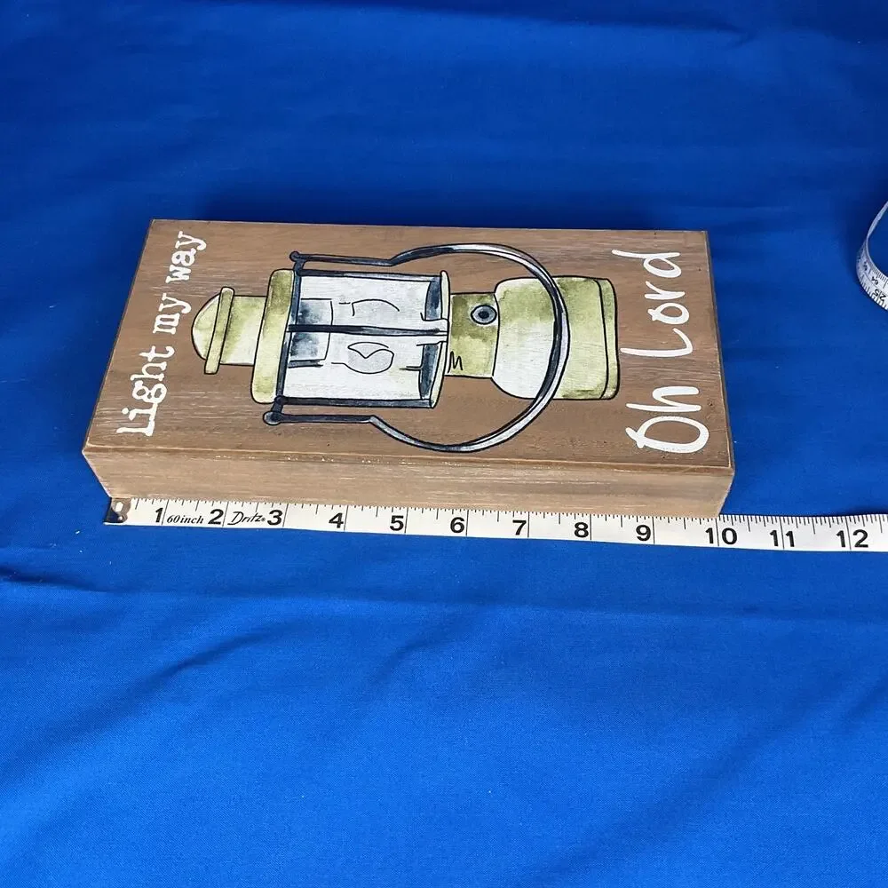 Light My Way Oh Lord Wooden Block Sign Vintage Lantern Rustic Cabin Camping
